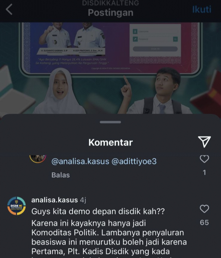 Viral, Instagram Disdik Kalteng Ramai Diserang Netizen, Buntut Beasiswa TABE Belum Cair