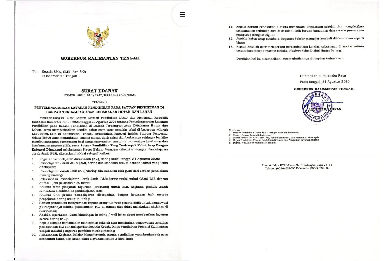 Kabut Asap Makin Memburuk, Pemprov Kalteng Resmi Terapkan Pembelajaran Daring