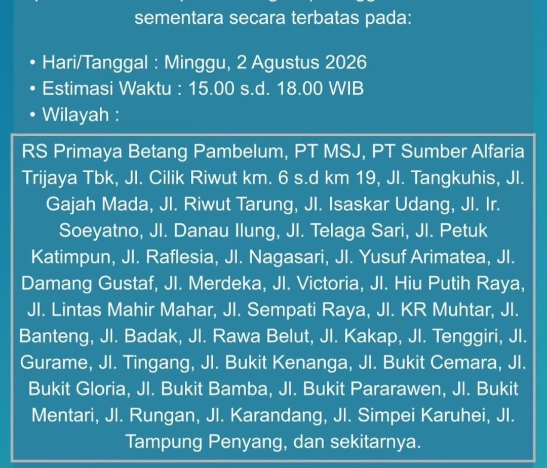 Jadwal Pemadaman Listrik Hari Ini di Palangka Raya, Berikut Wilayah dan Jam Terdampak