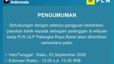Dua Kali Padam Sehari! Warga Palangka Raya Barat Diminta Waspada Siang dan Malam Ini