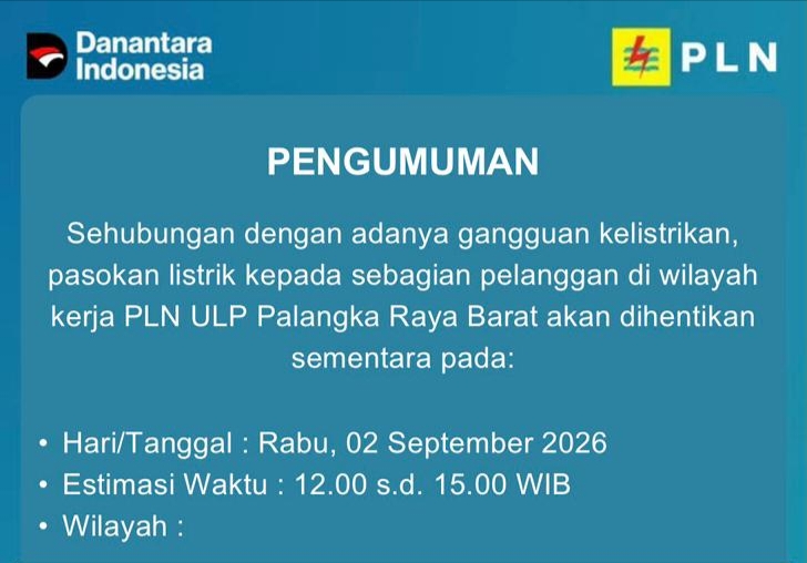 Dua Kali Padam Sehari! Warga Palangka Raya Barat Diminta Waspada Siang dan Malam Ini