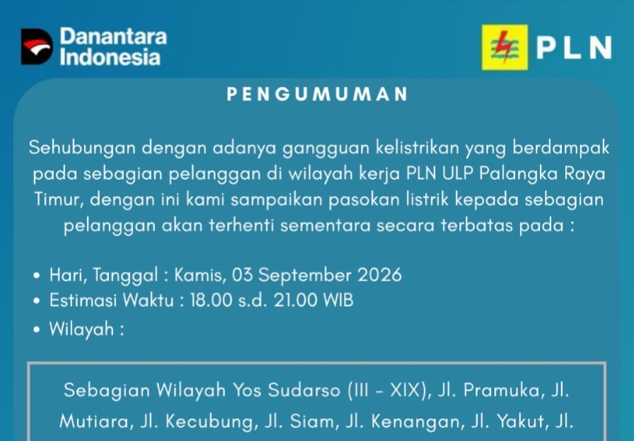 Waspada! Tiga Wilayah di Palangka Raya Ini Bakal Gelap Gulita Hari Ini, Sampai Jam Berapa?